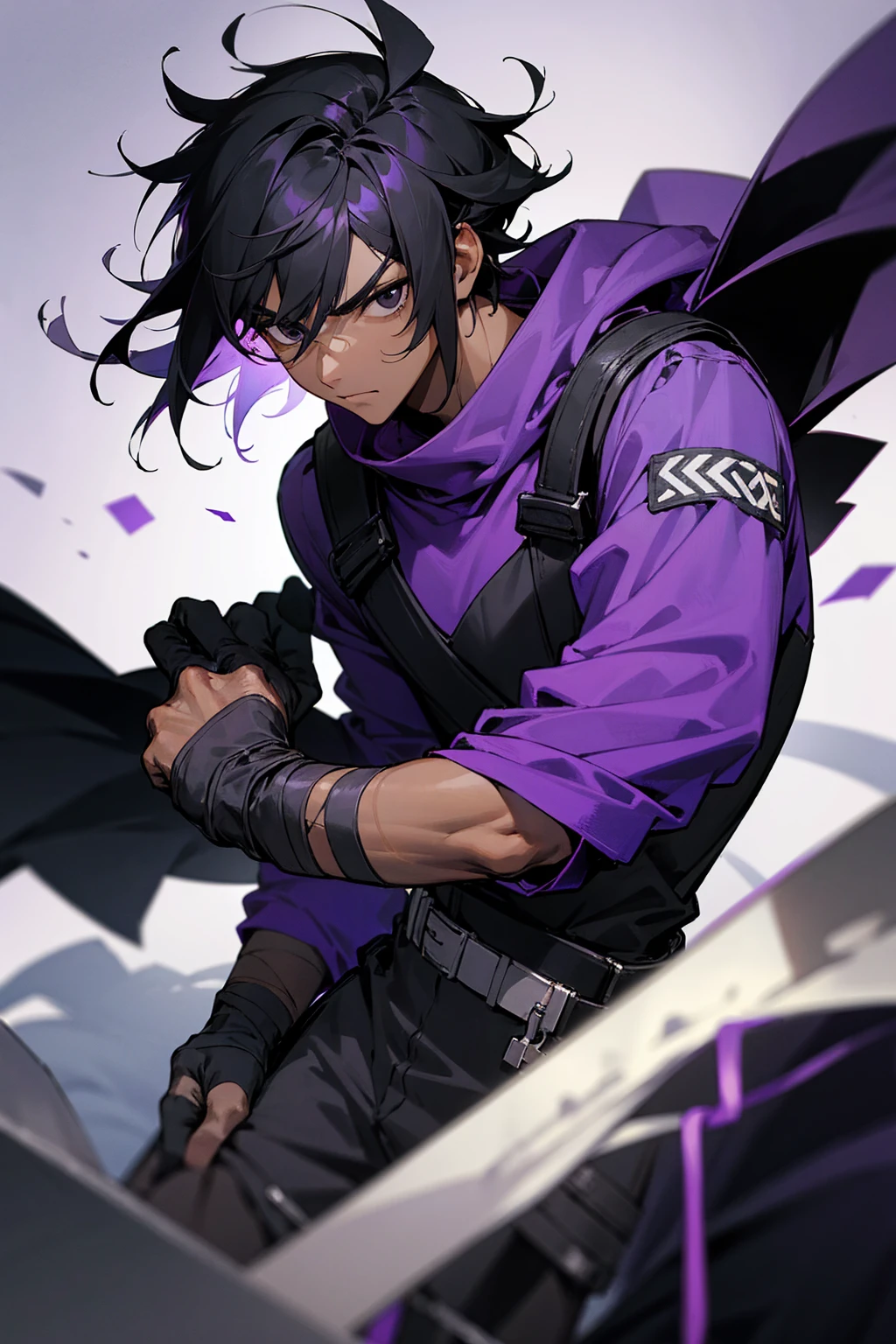 1male, Adult male, black eyes, black hair, medium length hair, darkskin, black bandages on arms, purple gloves, black and purple yukata, grey sweatshirt, Serious
