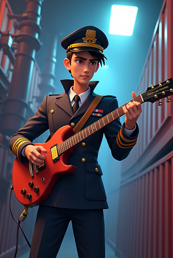 An young handsome captain playing an electric guitar in a kargo ship vessel
wearing his outfit,3d pixel, vivid colour,realistic