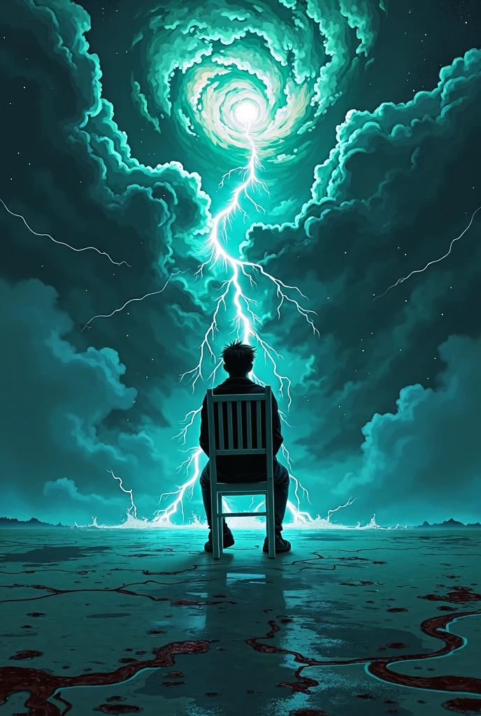 mythological shapeshifting Dark galaxy Thunders and dark galaxy like background and a a teenage boy dressed as a emo boy whose face is casted by a shadow is sitting on a death chair facing backwards getting electrocuted in a dark galaxy background, the ground is plain plain reflecting the thunders and clouds, author:Zdzislaw Beksinski和Van Gogh, album covers, dark, surrealism, Futuristic , Heavy Metal, liquid, coral, abstracted, Dark, Blue, Cyan, Green, Dark, faded, landscape