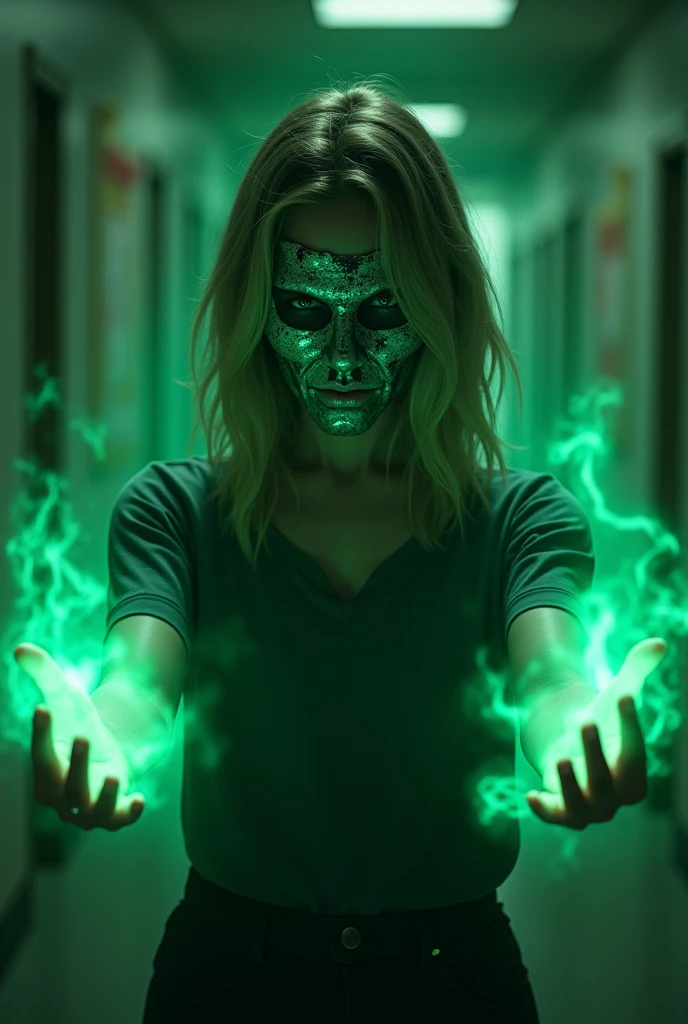 Horror scene, Realistic style, girl, Caucasian, {Mask that covers her entire face}, medium dark blonde hair, Green energy flowing from her arms, facing me, vibrant, realistic style, photo, realistic, masterpiece, best quality, High quality texture, detailed texture, ultra-detailed, 8K, HDR