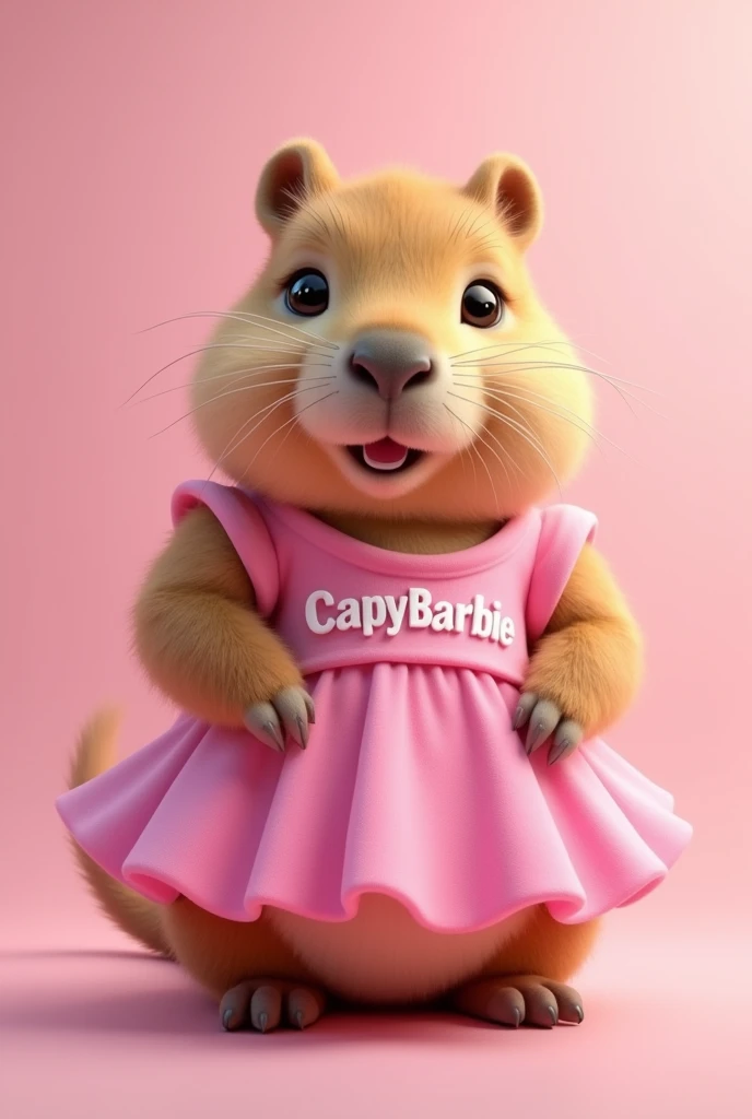 A cute capybara with a happy expression wearing a pink Barbie dress with capybarbie written on it. capybaraa with a happy and cute smile written capybarbie on the dress cute capybara sfot

