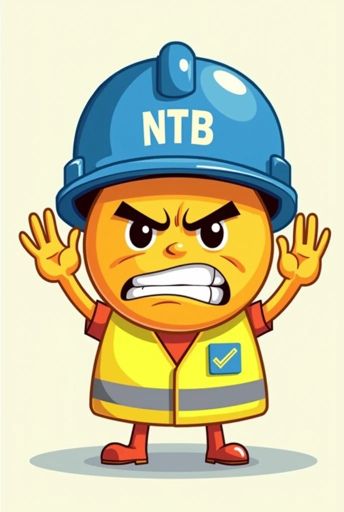 A disgusted smiley with a blue helmet with the inscription NTB on the helmet and safety vest.
The smiley signals with the hands stop