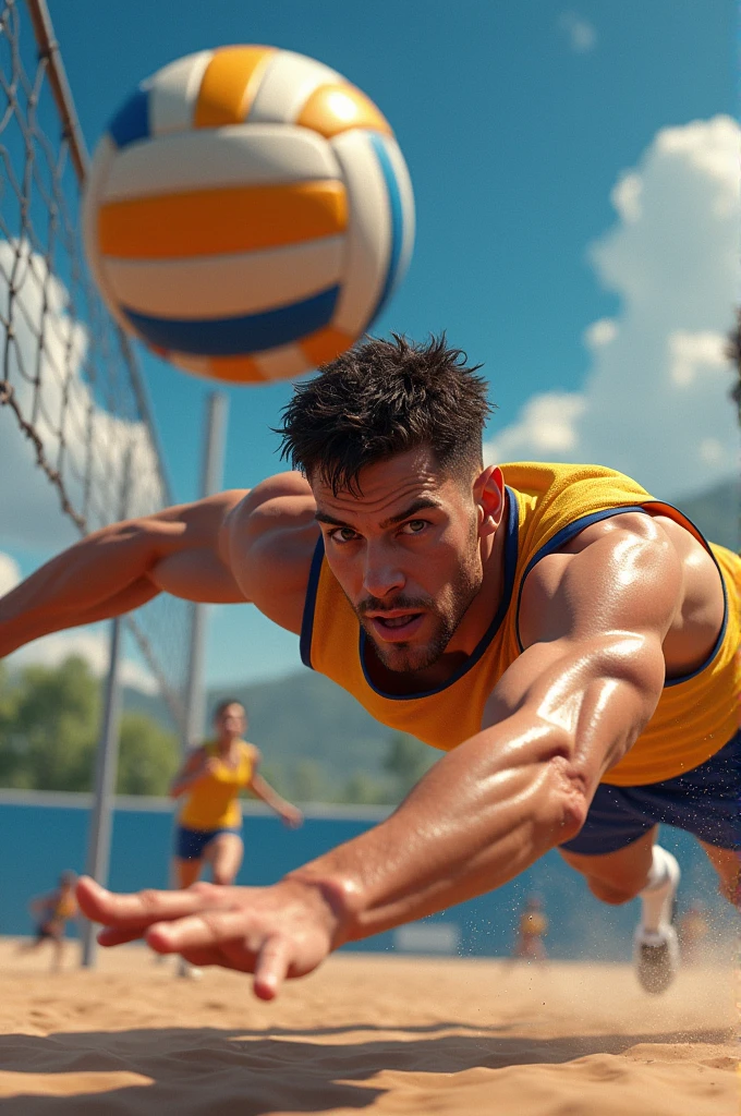 A high-definition, professional DSLR photograph of a footvolley game on a sand court at night, as a player balances on one leg while skillfully controlling the ball with the other foot. The floodlights create clear, detailed shadows on the sand, enhancing the drama and action.