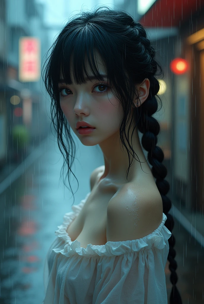 ((Maximum quality)), ((masterpiece)), (detailed), (Japanese),photorealism, foreground, wide angle, view from below,10 years, black fur,(Girl face), Girl with a single braid ,flat breasts, (Topless), (naked), ((gray blue eyes)),sad , ((Arched back)), (Extreme_close_up) ,Upper part of the body ,wet street with rain, A girl is wearing a short-sleeved T-shirt that is wet and hanging down, revealing her (bare shoulders: 1. 2), (Rebeca),(v-neck),((Transparent white)), illuminated area,