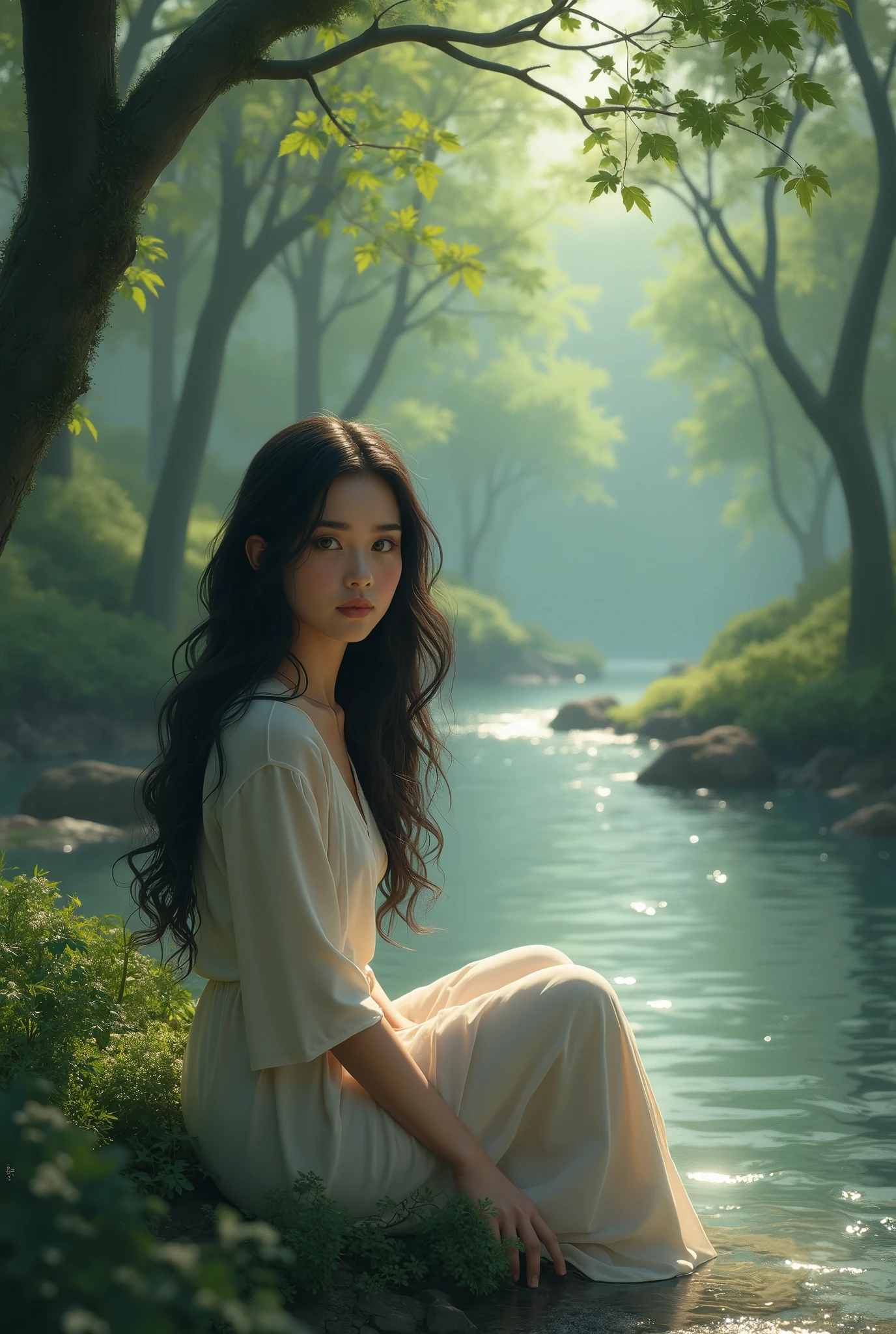A woman with long curly black hair and greenish-brown eyes is sitting by a river 