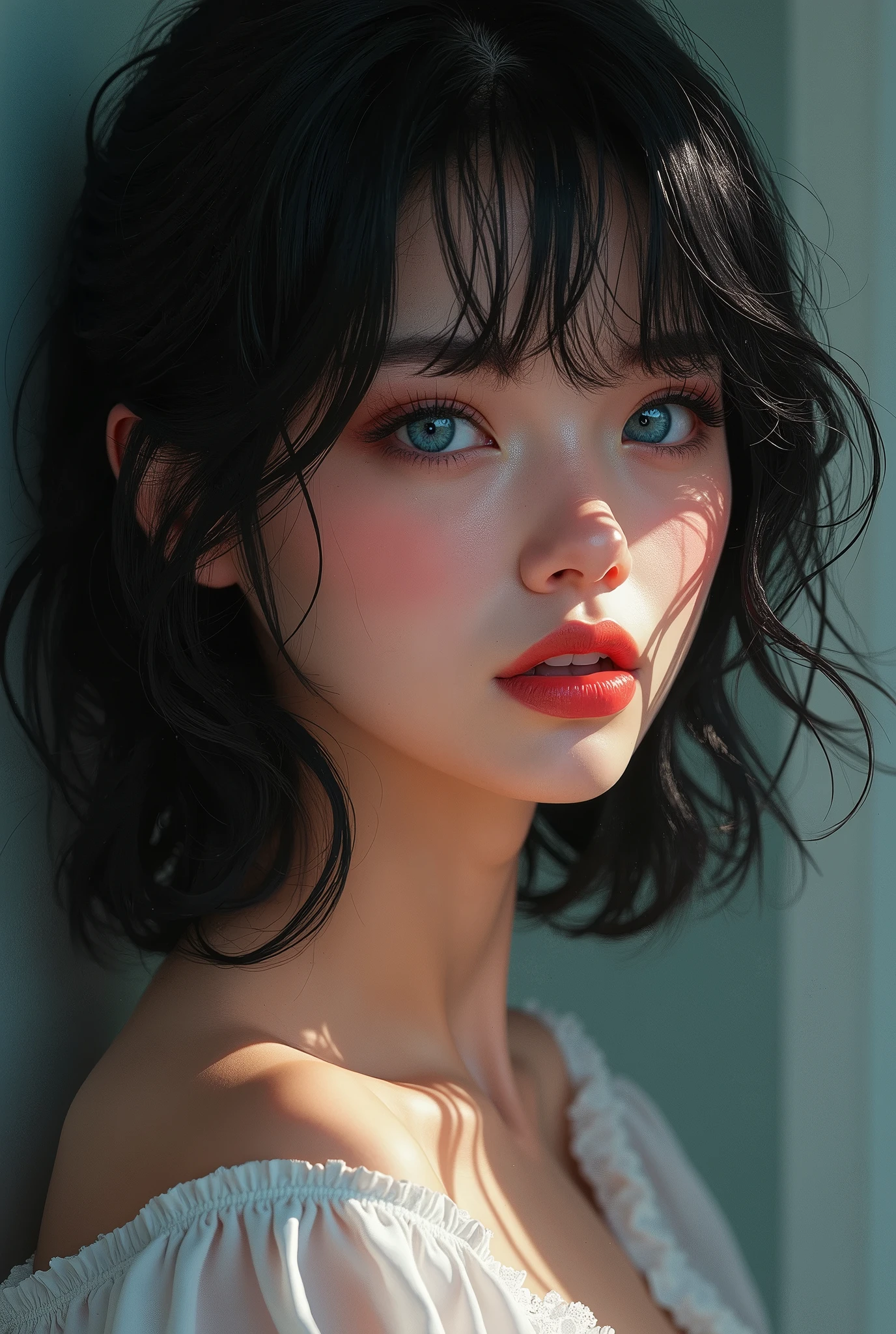 (masterpiece:1.4, best quality), (intricate details), unity 8k wallpaper, ultra detailed, beautiful and aesthetic, perfect lighting, (1girl), (black hair, blue eyes), dynamic angle,  lipstick, slim, medium breasts, detailed background, realistic, solo, perfect detailed face, detailed eyes, highly detailed