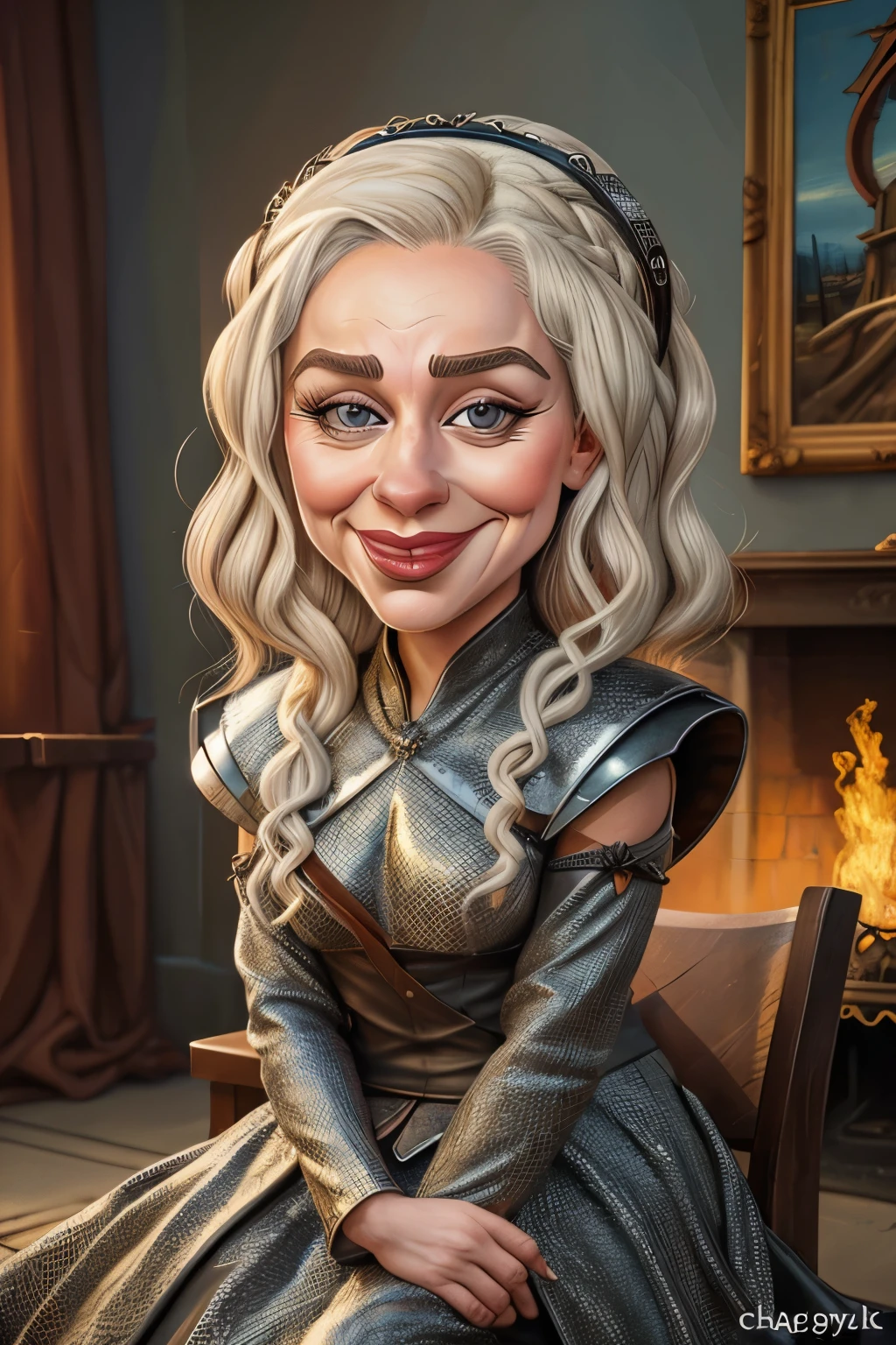 (((caricature style: 1.5))), exaggerated features, bold lines, vibrant colors, digital painting, cartoonish, (((emilia clarcke face))), big head, smiling, (( Daenerys Targaryen caricature, exaggerated features, silver hair flowing in the wind, intense purple eyes)) , regal yet determined expression, dragon scales subtly integrated into her clothing, sitting on an iron throne made of dragon bones, background of a burning city, dramatic lighting, digital painting, cartoonish, bold lines, vibrant colors, high contrast, sharp details, fantasy elements, medieval atmosphere, epic and powerful, (masterpiece: 2), best quality, ultra highres, original, extremely detailed, perfect lighting
