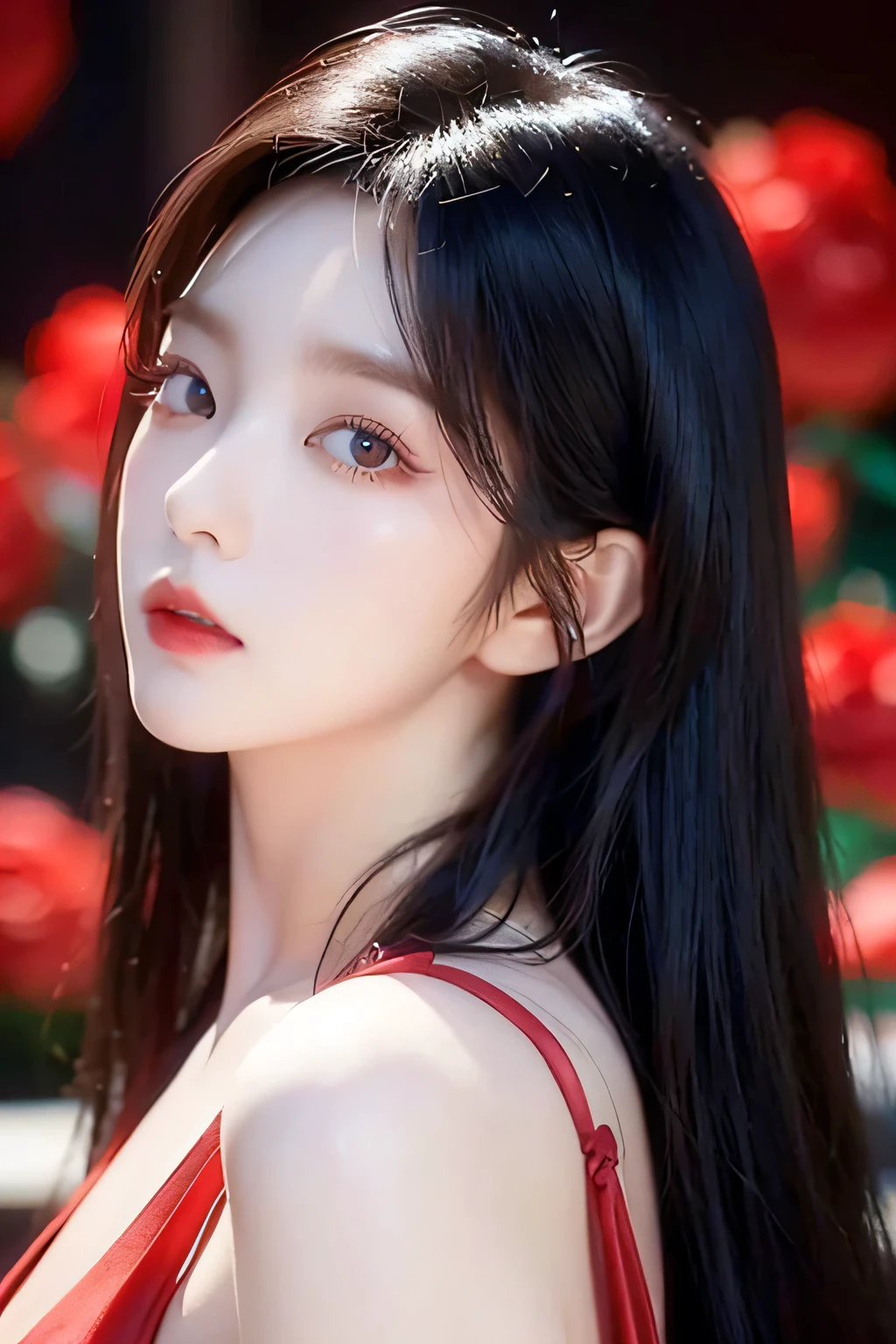 Irene rv, red silk modest dress, long black hair, beautiful detailed eyes, beautiful detailed lips, extremely detailed face, longeyelashes, elegant pose, dramatic lighting, cinematic, chiaroscuro, dramatic shadows, moody, atmospheric, photorealistic, 8k, best quality, masterpiece, red roses garden background