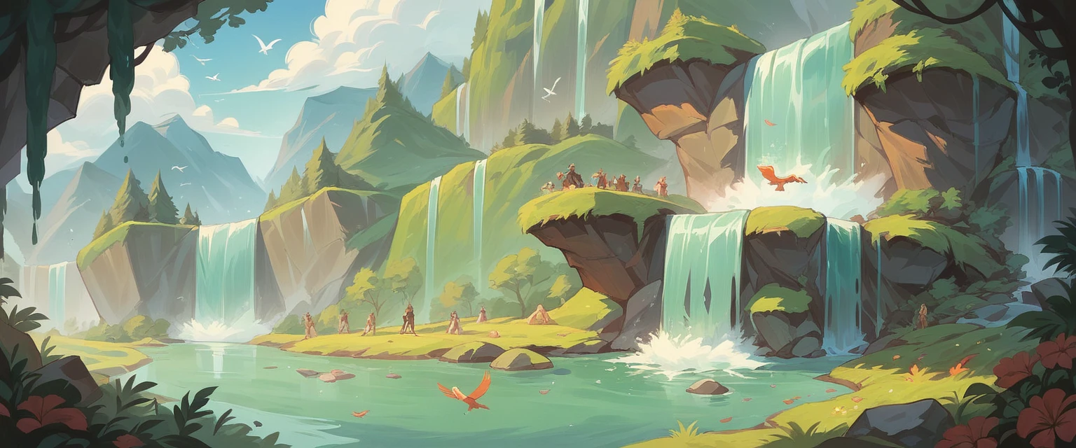 a group of people standing in front of a waterfall with a bird flying over it and a group of people standing around, Ella Guru, samikshavad, waterfall, a picture