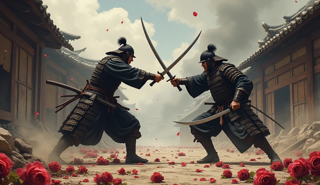 1400 a.c; (masterpiece, best quality) destroyed japan village (Tokyo); Samurai warriors fighting great battle;  roses on the floor