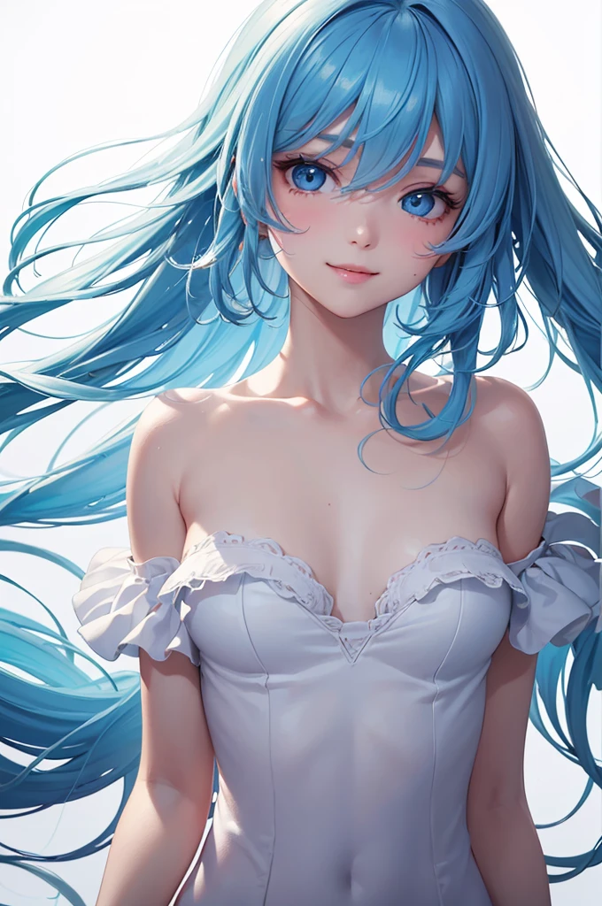 Best Quality,High resolution,8k,(plain white background, no patterns, no textures, just a plain white background:1.3),Masterpiece:1.2),beautiful girl,(focus face),Shiny light blue hair,messy hair,Beautiful light blue eyes,Cute black pajamas,Gentle look,A refreshing look,smile,Best quality,Best Quality,Aesthetic and aesthetic:1.2,Best details((Super detailed))(High-definition CG illustrations),Slender body,smile,blush,cute,Scrounge,Looking up,Being spoiled,super model