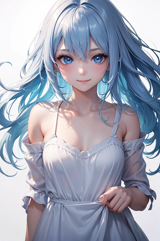 Best Quality,High resolution,8k,(plain white background, no patterns, no textures, just a plain white background:1.3),Masterpiece:1.2),beautiful girl,(focus face),Shiny light blue hair,messy hair,Beautiful light blue eyes,Cute black pajamas,Gentle look,A refreshing look,smile,Best quality,Best Quality,Aesthetic and aesthetic:1.2,Best details((Super detailed))(High-definition CG illustrations),Slender body,smile,blush,cute,Scrounge,Looking up,Being spoiled,super model