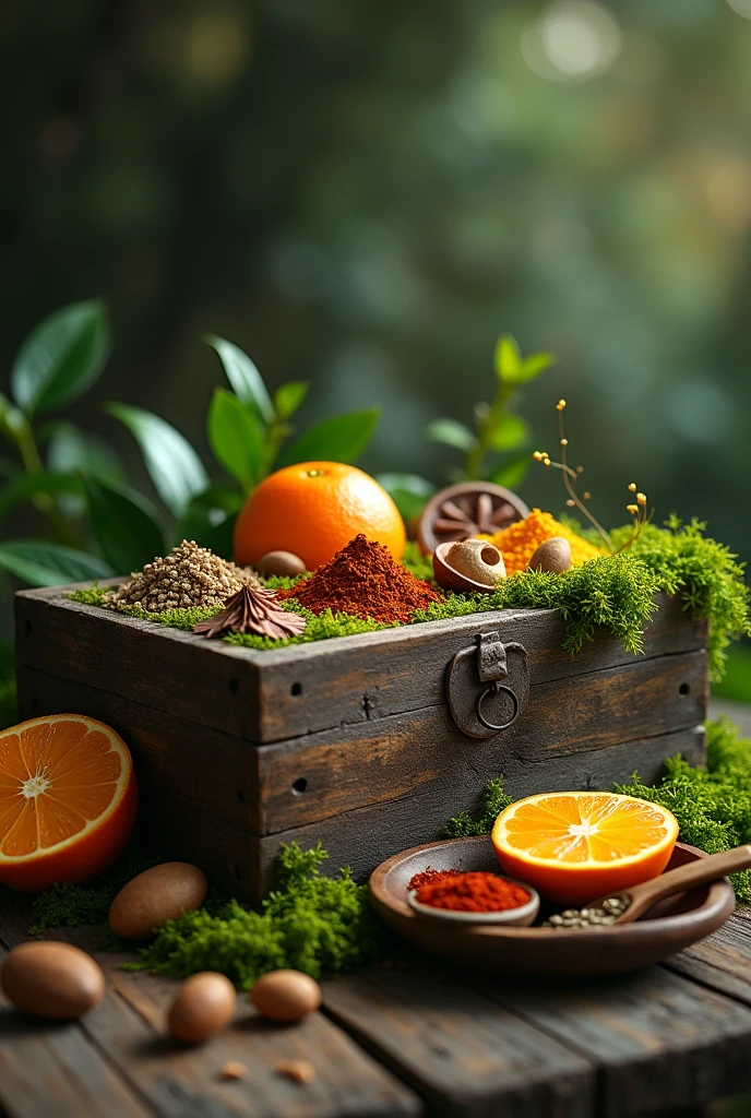 wooden box, spices, moss, orange, mystic feeling
