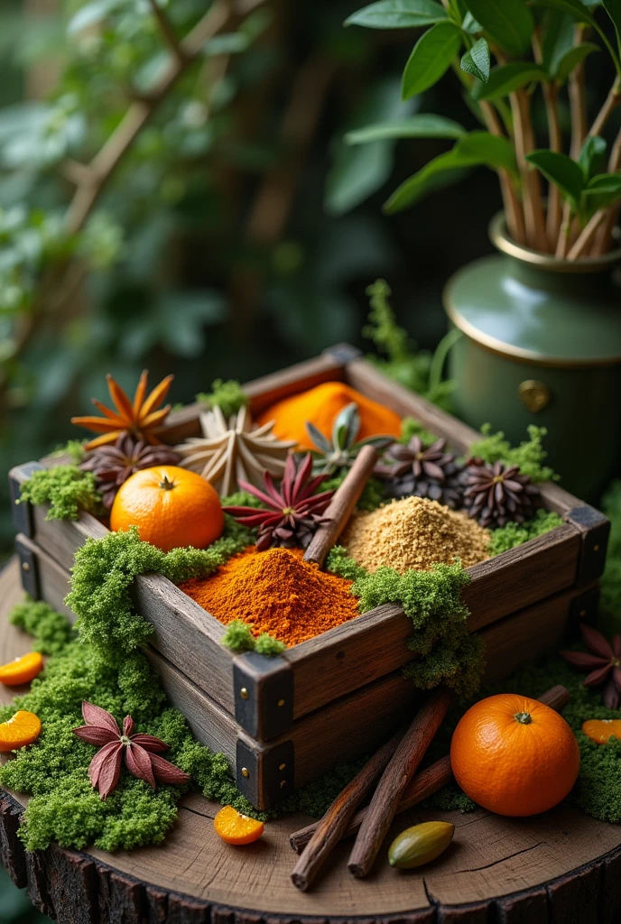 wooden box, spices, moss, orange, mystic feeling