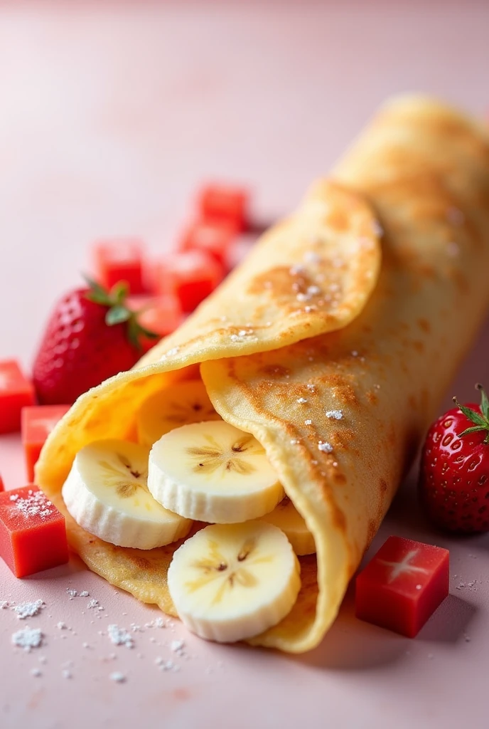 a crepe with only banana inside, the strawberries cut into cubes

