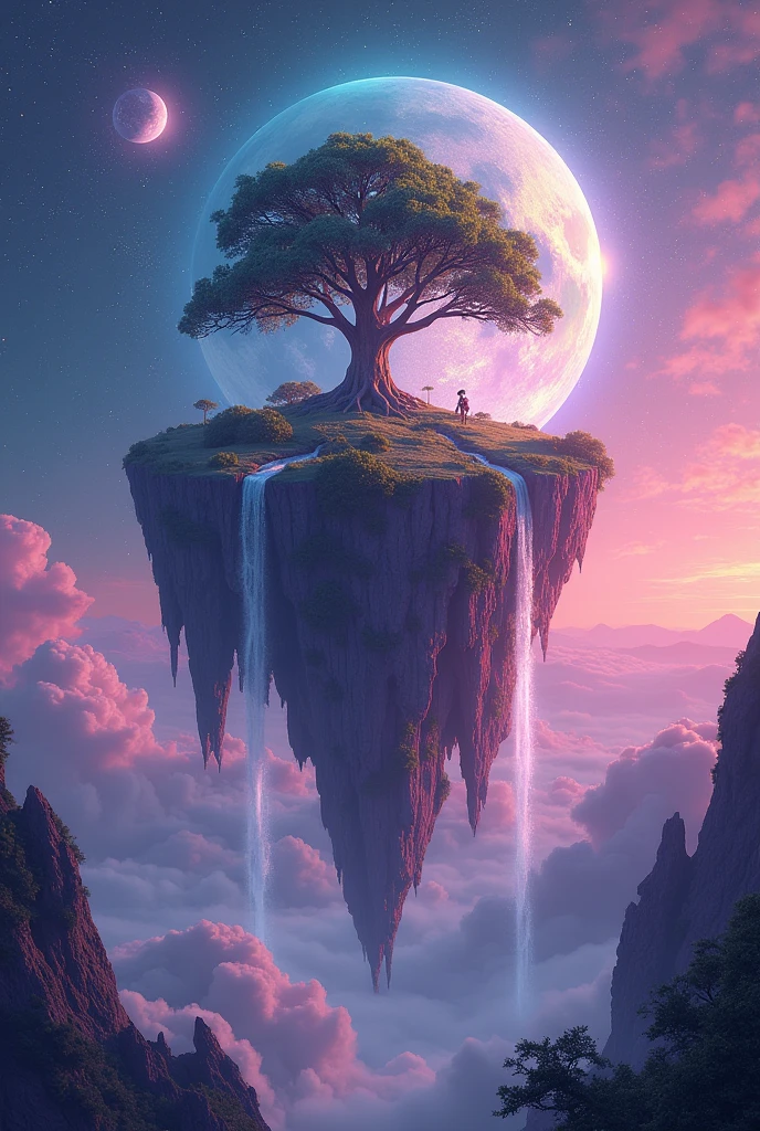 galaxy pink purple blue small world, tree with pink mountains and waterfall, glow at night, big moon and stars

