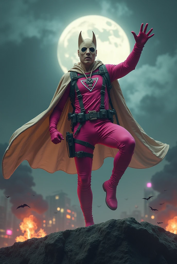 Malaysia man in high-tech suit, vivid effects, malaysian superhero(( (KELUANG MAN)) in a striking pink and brown beige costume cyberpunk design((, mask small mini bat ear beige,)) daredevil beige mask, jumpsuit dark pink stands confidently in a dramatic.jumping from high place.hero costume.one hand rise up. (Big triangle logo on the ?????.high detail Punisher logo on the ?????)). jumping from hight place. Fighting pose , stormy landscape. ((Head covered node guard like batman. Running pose , athletic body type, small mini ear bat mask))The character wears domino mask a helmet with pointed mini torn ears and a flowing cape biege, open nose and mouth. Equipped with visible futuristic weapons on a belt,bullet proof jacket pink dark day.show fingers pose, dark night, big supermoon effect . Small logo on ????? triangle shape small ((mitch gerads punisher ))logo center triangle cyber logo center on ????? pink logo mini logo Casey Jones mask on the logo on ?????. )). rocky. Building top.smoke ground , bomb effect background, losse pants, losses costume.adding to --ar 3:4 --style raw --stylize 500 --v 6.1. chaos. Lot of small flying bat. One leg on the high stone. Man. Backpack . Real man age 40 year old. One hand holding belt. Jump from high place. Open cape.