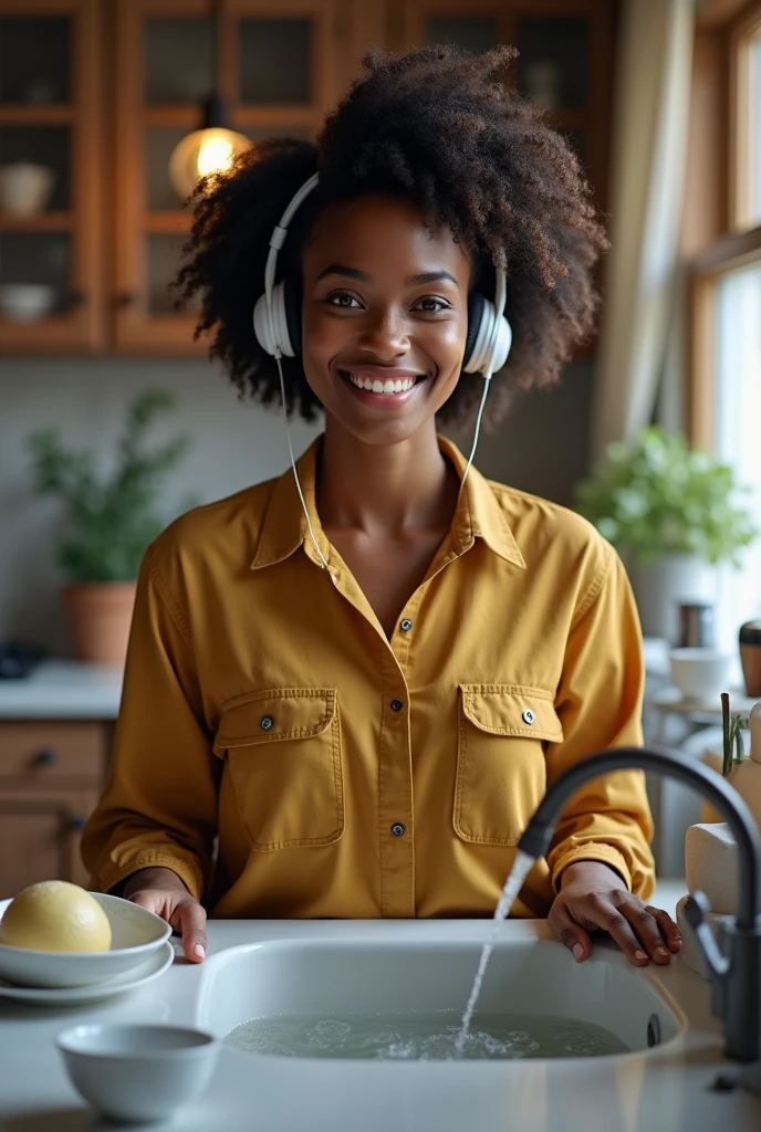 A black woman selling a headset AND washing dishes
