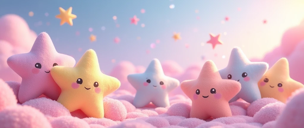 cheered up!! 90s kawaii cheered up! pastel stuffed stars! iridescent, smiling, background landscape