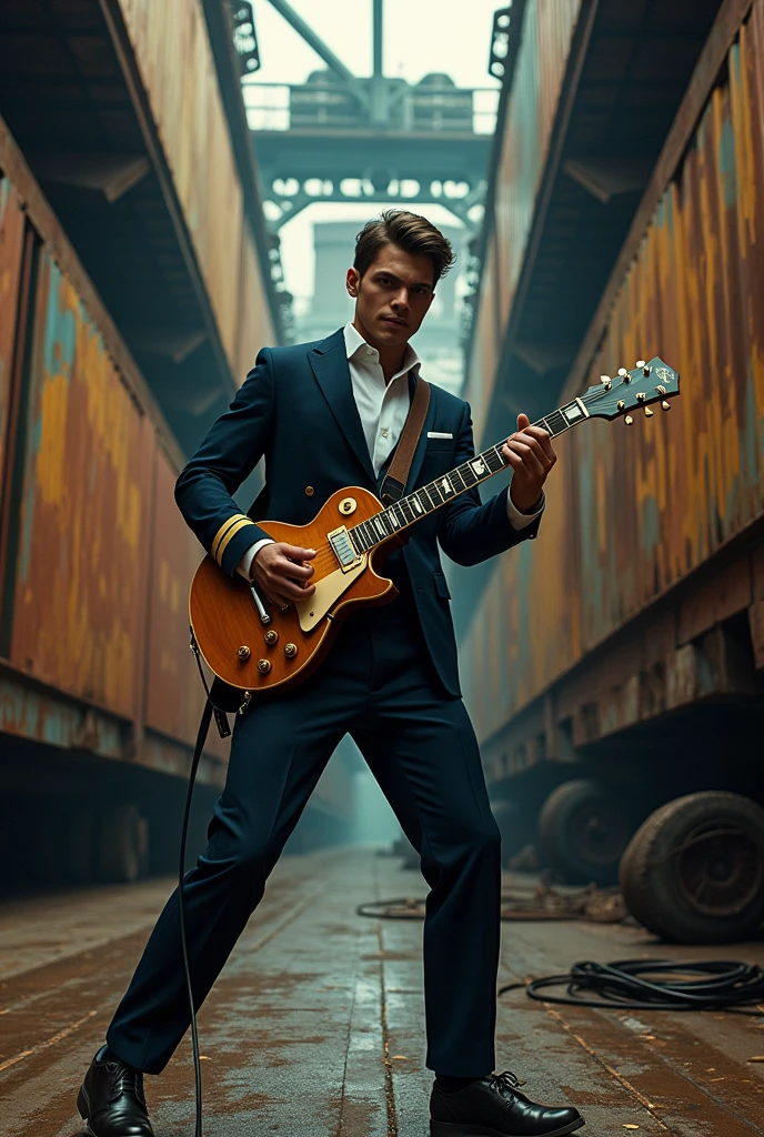 An young handsome captain playing an electric guitar in a kargo ship vessel
wearing his outfit,8k quality , vivid colour,realistic