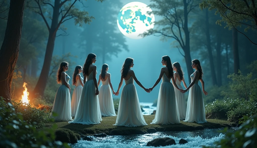 "In a full moonlight, A full-body shot of a realistic fairytale scene in a beautiful magical forrest, bathed in moonlight. "Night scene" "Beautiful blue hue colour pallette." "A 7 fairy queens and princesses with realistic big blue eyes with eye makeup and a serious, direct gaze at each other, dancing in sircle, holding hands." "A Fairy queen, dancing in the moonlight with arms up in the air." "Dancing fairy princess with a long black hair in a sheer wet transparent dress outfit, big breasts, thin waist, big butt, looks provocative" Fairys dancing in sircle arround camping fire " "The lighting is natural and bright, highlighting their features and casting a soft glow around their hair, creating a high-contrast effect that emphasizes the subject's presence. " "A white rapid is just there" The realistic scene includes a strikingly beautiful fairy queens and a princesses in a beautiful and magical forrest in the middle of the night. "The vast environment paints a magical but ritual admosphere". # Configuration settings clip_guidance_scale = 20 # High adherence to the detailed prompt, emphasizing facial features hr_scale = 2.0 # High resolution to capture intricate details in the hair and face. hr scale =2.0 # Perfect human female body. Best hands 1:1, super realistic hair 1:1, hyper realistic eyes 1:1, extra detailed delicate moist skin, most detaled and realistic face 1:1. #A realistic stage with thorough details and clear focus on the queens.
