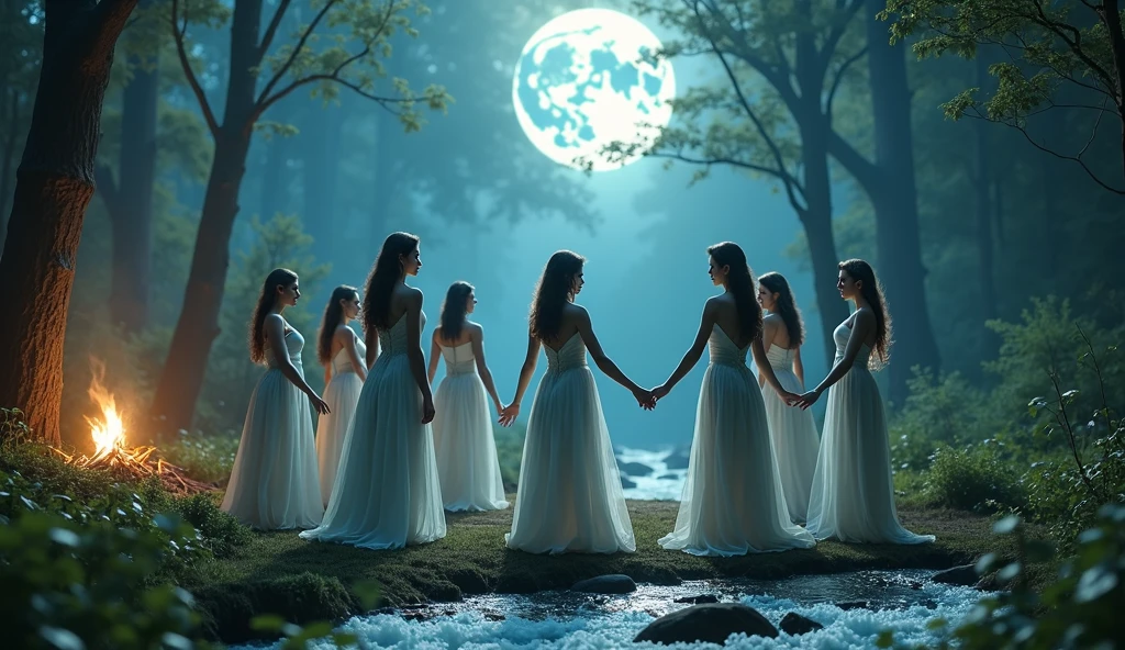 "In a full moonlight, A full-body shot of a realistic fairytale scene in a beautiful magical forrest, bathed in moonlight. "Night scene" "Beautiful blue hue colour pallette." "A 7 fairy queens  and princesses with realistic big blue eyes with eye makeup and a serious, direct gaze at each other, dancing in sircle, holding hands." "A Fairy queen, dancing in the moonlight with arms up in the air." "Dancing fairy princess with a long black hair in a sheer wet transparent dress outfit, big breasts, thin waist, big butt, looks provocative" Fairys dancing in sircle arround camping fire " "The lighting is natural and bright, highlighting their features and casting a soft glow around their hair, creating a high-contrast effect that emphasizes the subject's presence. " "A white rapid is just there" The realistic scene includes a strikingly beautiful fairy queens and a princesses in a beautiful and magical forrest in the middle of the night. "The vast environment paints a magical but ritual admosphere". # Configuration settings clip_guidance_scale = 20 # High adherence to the detailed prompt, emphasizing facial features hr_scale = 2.0 # High resolution to capture intricate details in the hair and face. hr scale =2.0 # Perfect human female body. Best hands 1:1, super realistic hair 1:1, hyper realistic eyes 1:1, extra detailed delicate moist skin, most detaled and realistic face 1:1. #A realistic stage with thorough details and clear focus on the queens.
