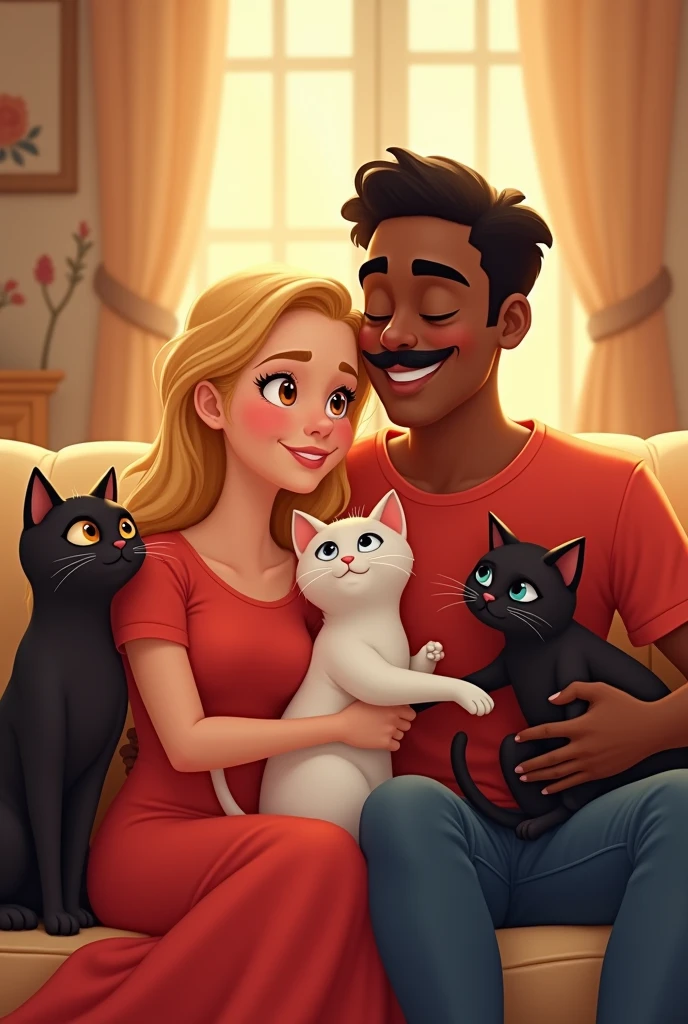 Disney Pixar style image. A blonde woman wearing a red dress, along with her dark-skinned husband, mustache and red shirt. And two cats, being them: one of black color, and the other in black and white. All sitting on the couch, Much love