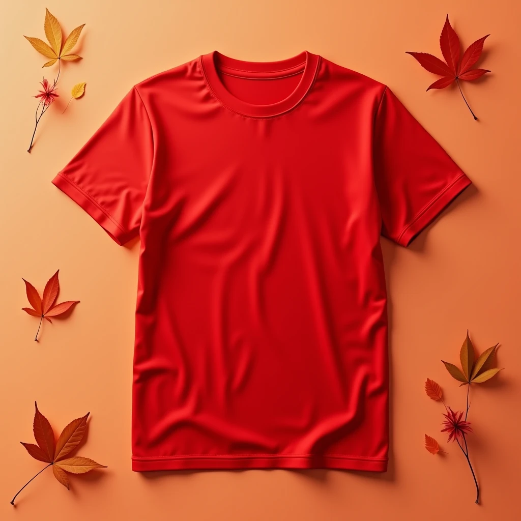 Fall T-shirt Red Mockup , empty, fall season, flat lay, minimal, Autumn background, simple, studio lighting, high quality, 8k, photorealistic, extremely detailed