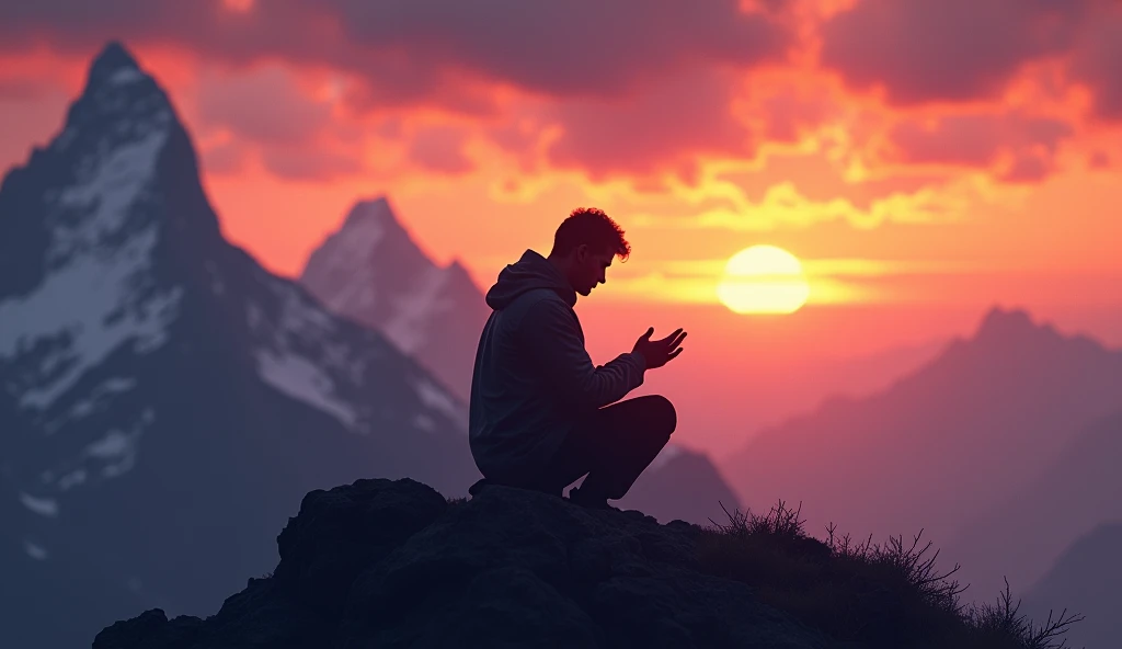 A man praying on a mountain at sunset, with his silhouette in the foreground. Ao fundo, the sky is a mix of oranges and purples, symbolizing the divine presence. 