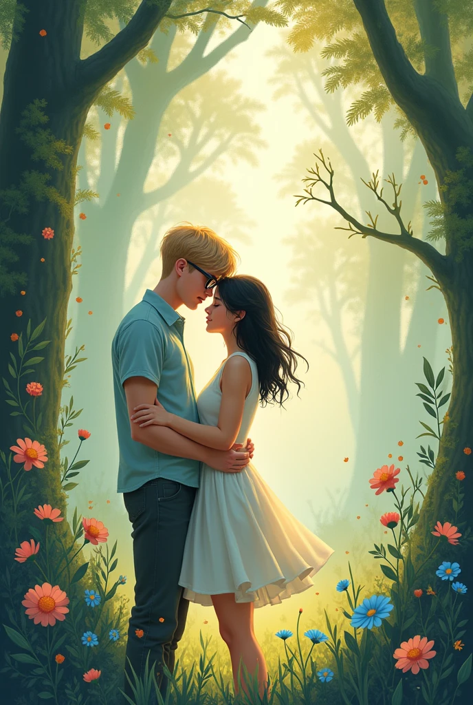 Romance book cover, with the name Flow of time Young adult couple Blond boy, girl with black hair Both wear glasses