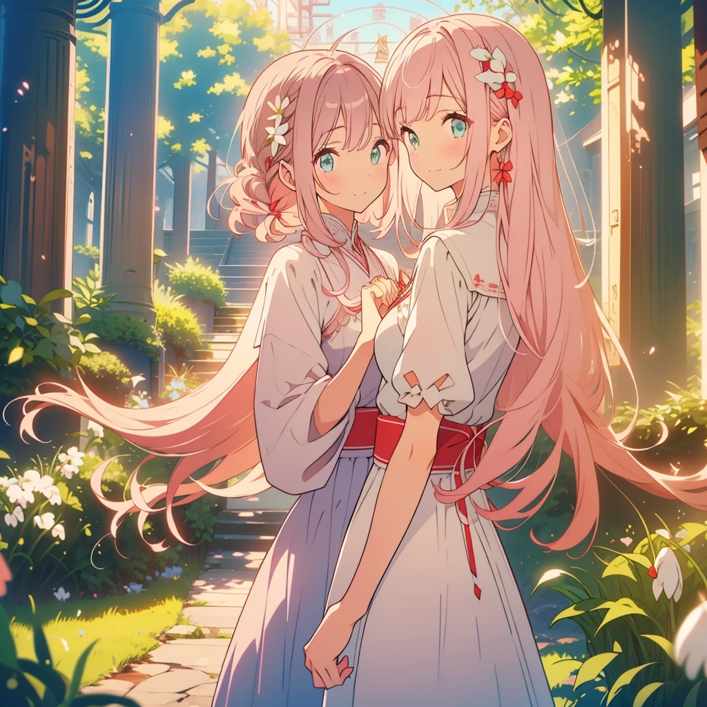 Snowdrop、A young girl with light pink hair and scarlet eyes、A girl with long dark brown hair and green eyes、Snowdropの花畑、Symmetrical、Back to Back、smile、Fantasy、dusk、Starry Sky、grassland、Holding hands、Reunion