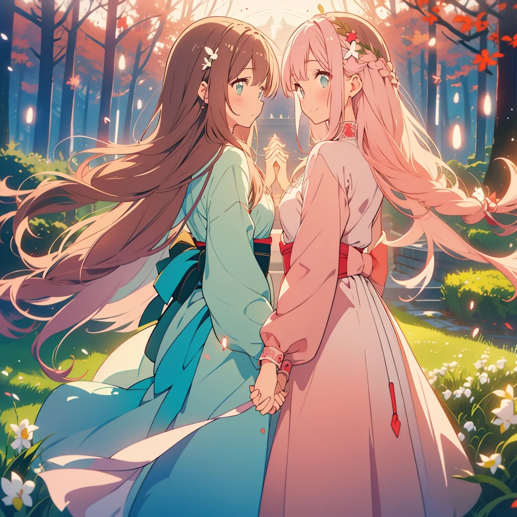 Snowdrop、A young girl with light pink hair and scarlet eyes、A girl with long dark brown hair and green eyes、Snowdropの花畑、Symmetrical、Back to Back、smile、Fantasy、dusk、Starry Sky、grassland、Holding hands、Reunion