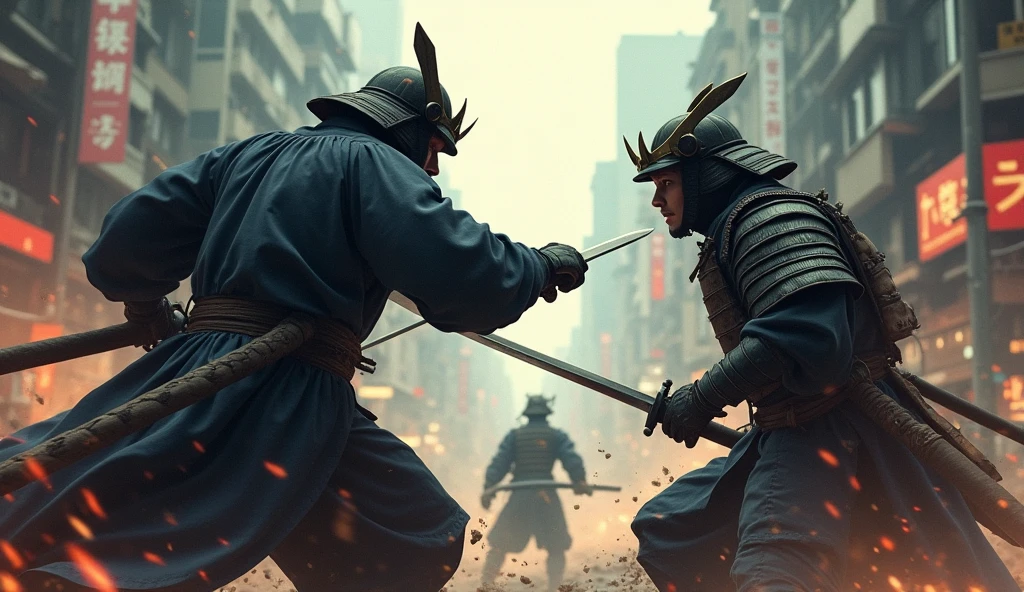 1890; (masterpiece, best quality) action scene; destroyed city (Tokyo); great battle; Samurai soldiers attacking