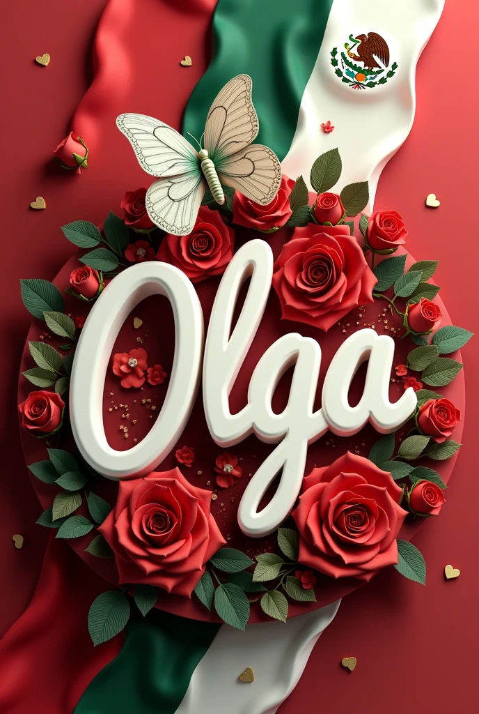 A mesmerizing, conceptual 3D render illustration featuring the name "Olga" written in elegant, vibrant white and red script. The name is beautifully adorned with red roses, adding a touch of natural beauty. Above the name, a captivating white and green butterfly, representing freedom and grace, flutters gracefully, with its delicate patterns harmonizing with the colors of the flowers and typography. Golden hearts are scattered throughout, symbolizing love and connection. The background features the Mexican flag, with its red, white, and green hues transforming the piece into a visually stunning work of art, perfect for a poster or photo, showcasing the essence of captivating and vibrant illustrations.