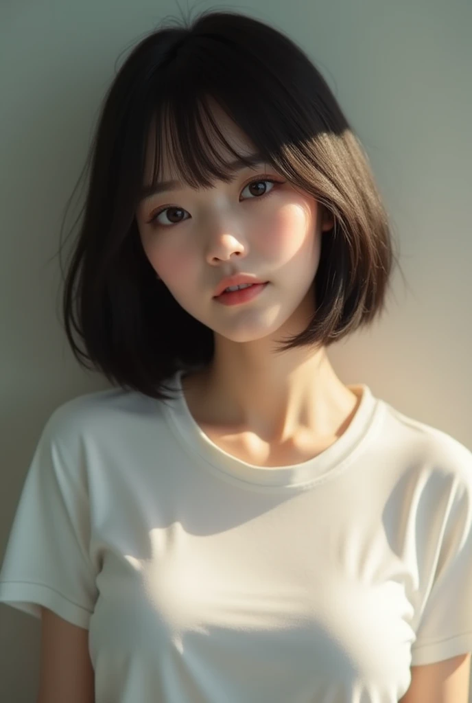 1 busty Japanese girl wearing white T-shirt with bob hairstyle