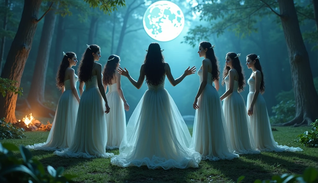 "In a full moonlight, A full-body shot of a realistic fairytale scene in a beautiful magical forrest, bathed in moonlight. "Night scene" "Beautiful blue hue colour pallette." "A 7 fairy queens  and princesses with realistic big blue eyes with eye makeup and a serious, direct gaze at each other, dancing in sircle, holding hands." "A Fairy queen, dancing in the moonlight with arms up in the air." "Dancing fairy princess with a long black hair in a sheer wet transparent dress outfit, big breasts, thin waist, big butt, looks provocative" Fairys dancing in sircle arround camping fire " "The lighting is natural and bright, highlighting their features and casting a soft glow around their hair, creating a high-contrast effect that emphasizes the subject's presence. " "A white rapid is just there" The realistic scene includes a strikingly beautiful fairy queens and a princesses in a beautiful and magical forrest in the middle of the night. "The vast environment paints a magical but ritual admosphere". # Configuration settings clip_guidance_scale = 20 # High adherence to the detailed prompt, emphasizing facial features hr_scale = 2.0 # High resolution to capture intricate details in the hair and face. hr scale =2.0 # Perfect human female body. Best hands 1:1, super realistic hair 1:1, hyper realistic eyes 1:1, extra detailed delicate moist skin, most detaled and realistic face 1:1. #A realistic stage with thorough details and clear focus on the queens.