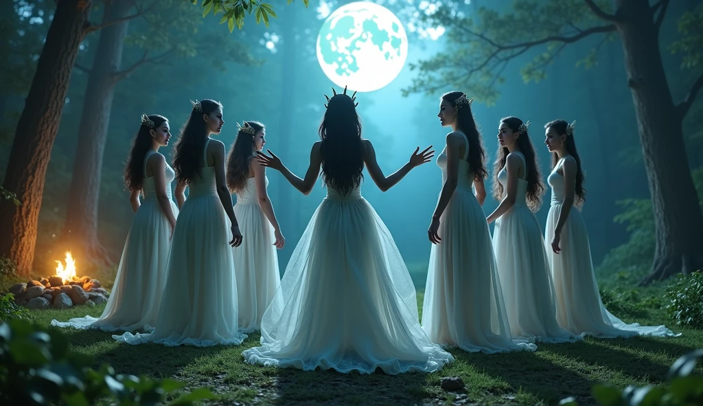 "In a full moonlight, A full-body shot of a realistic fairytale scene in a beautiful magical forrest, bathed in moonlight. "Night scene" "Beautiful blue hue colour pallette." "A 7 fairy queens and princesses with realistic big blue eyes with eye makeup and a serious, direct gaze at each other, dancing in sircle, holding hands." "A Fairy queen, dancing in the moonlight with arms up in the air." "Dancing fairy princess with a long black hair in a sheer wet transparent dress outfit, big breasts, thin waist, big butt, looks provocative" Fairys dancing in sircle arround camping fire " "The lighting is natural and bright, highlighting their features and casting a soft glow around their hair, creating a high-contrast effect that emphasizes the subject's presence. " "A white rapid is just there" The realistic scene includes a strikingly beautiful fairy queens and a princesses in a beautiful and magical forrest in the middle of the night. "The vast environment paints a magical but ritual admosphere". # Configuration settings clip_guidance_scale = 20 # High adherence to the detailed prompt, emphasizing facial features hr_scale = 2.0 # High resolution to capture intricate details in the hair and face. hr scale =2.0 # Perfect human female body. Best hands 1:1, super realistic hair 1:1, hyper realistic eyes 1:1, extra detailed delicate moist skin, most detaled and realistic face 1:1. #A realistic stage with thorough details and clear focus on the queens.