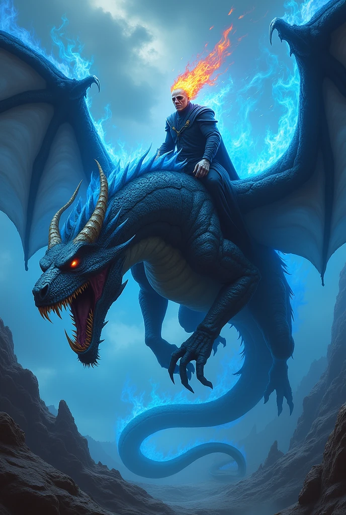 Flaming skull Villan riding in a blue Flaming Dragon with monster look