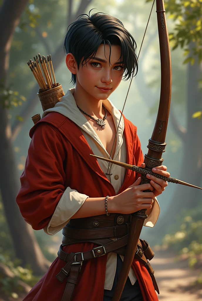 A young adult apprentice archer. Scrawny, Slender and smiling. Charming with a seductive gaze. His clothes fit perfectly to his bow