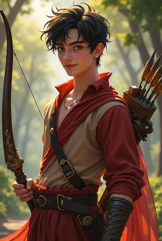 A  apprentice archer. Scrawny, Slender and smiling. Charming with a seductive gaze. His clothes fit perfectly to his bow