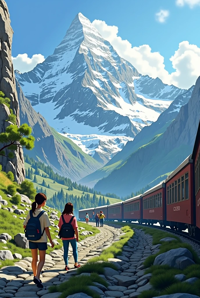 Mountains, Tourists, zug fährt neben den Tourists