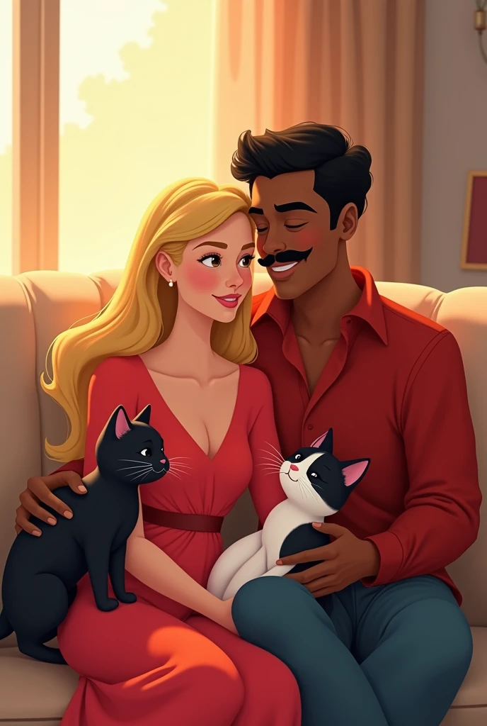 Disney Pixar style image. A blonde woman wearing a red dress, along with her dark-skinned husband, mustache and red shirt. And two cats, being them: one of black color, and the other in black and white. All sitting on the couch, Much love
