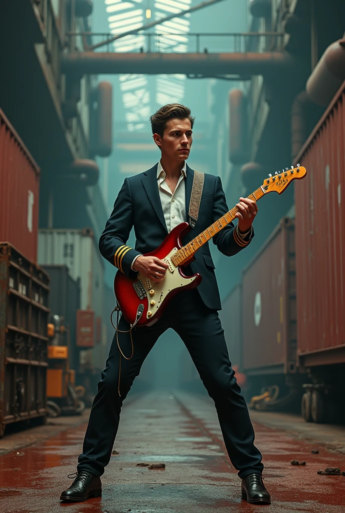 An young handsome captain playing an electric guitar in a kargo ship vessel
wearing his outfit,8k quality , vivid colour,realistic
