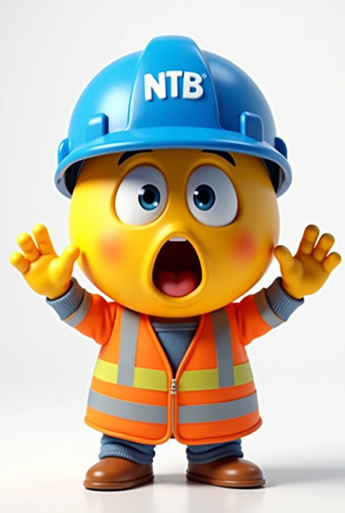 A surprised smiley with a blue helmet with the inscription NTB on the helmet and safety vest.
The smiley signals with the hands stop