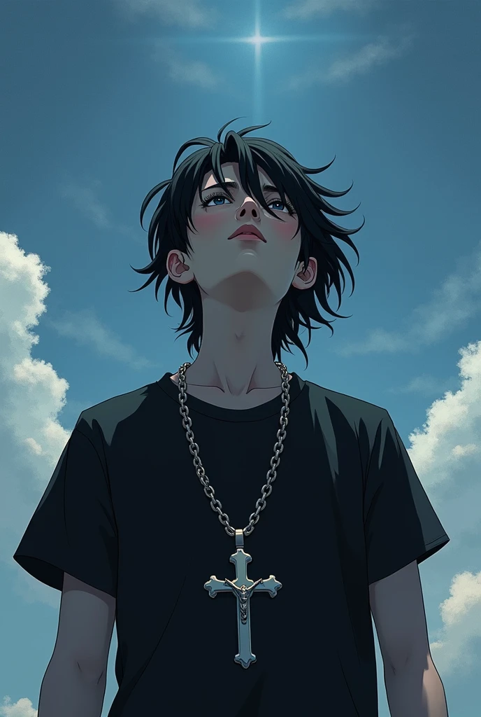 Boy with shoulder length black hair in black crucifix chain shirt looking up at the sky 