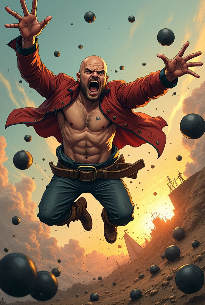 a bald man taking a FULL hit from a cannonball in the belly, in the air, with a good point of view to capture the full impact of the blow (manga art style) (hand drawn) (dynamic point of view) 