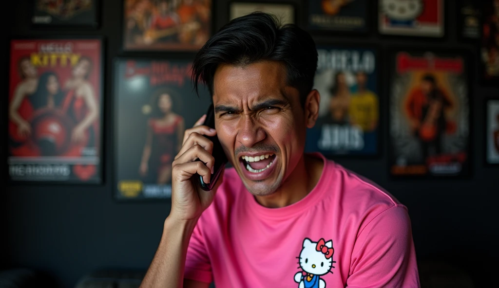 original photo. The young man face of Indonesia. wearing a pink Hello Kitty t-shirt with an angry expression on the phone. in a room designed in black, rock music style. many posters like nirvana and metallica Ultra-realistic 8K photos, taken with Leica Q2, strong color contrast and sharp clarity --quality 2 --