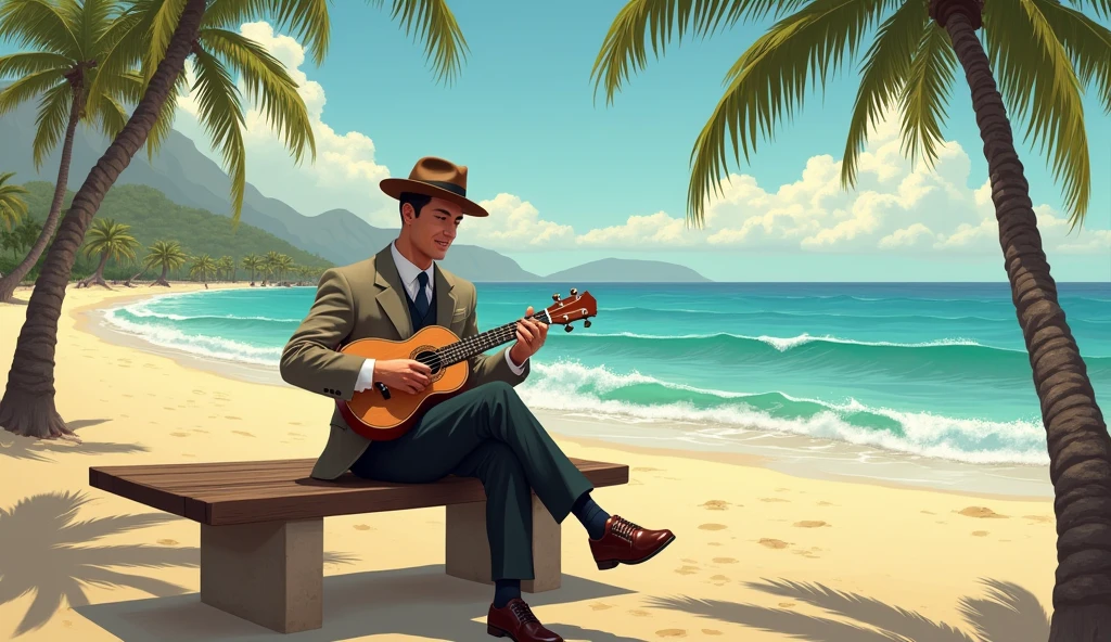 1934; (masterpiece, best quality, broad view) man playing ukulele on the street(Avai beach)
