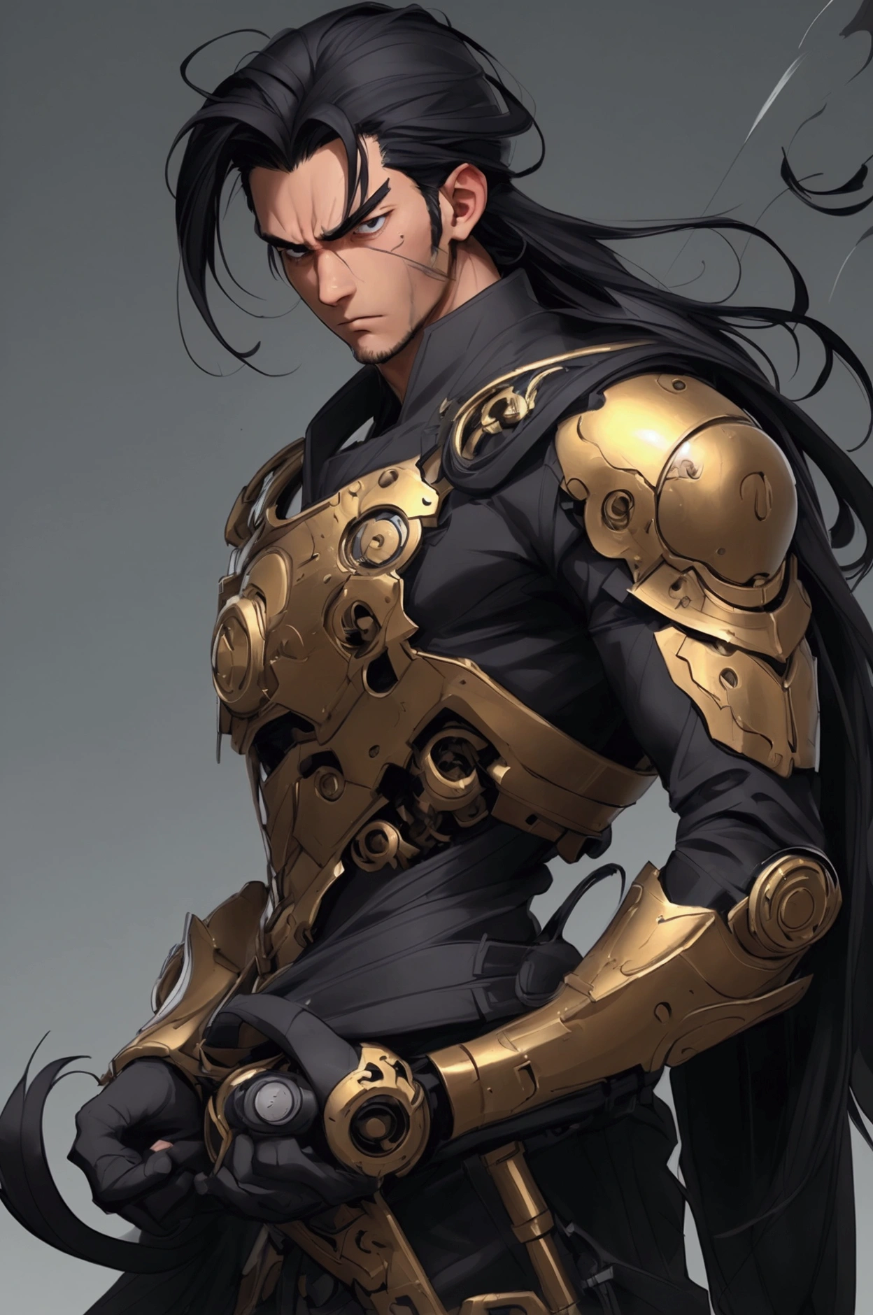 a man with shoulder-length straight black hair (manga drawing) is in the foreground, looking towards the main angle with his mechanical right eye clearly visible and full of details. Around your eye, There is steam coming out as if it were breathing life through the machine. his expression is serious, reflecting the character's mix of strength and vulnerability.