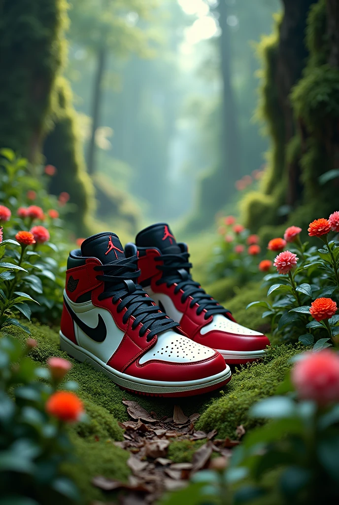 nike air jordan sneakers with green plants and flowers in the middle of an enchanted forest, with a streetwear style background, ultra detailed, realistic, --ar 4:5 --v 6.1